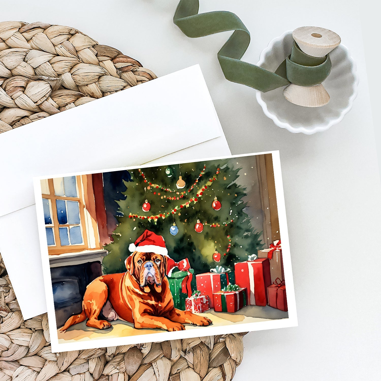 Dogue de Bordeaux Cozy Christmas Greeting Cards Pack of 8 Blank Cards with Envelopes Whimsical A7 Size 5x7