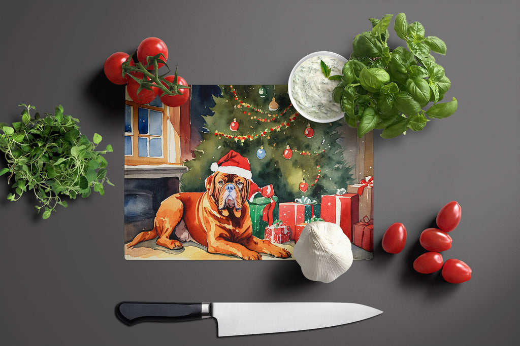 Dogue de Bordeaux Cozy Christmas Cutting Board Tempered Glass Kitchen Cutting Surface, Heat Resistant Chopping, Non-Slip Feet, Food Prep & Serving
