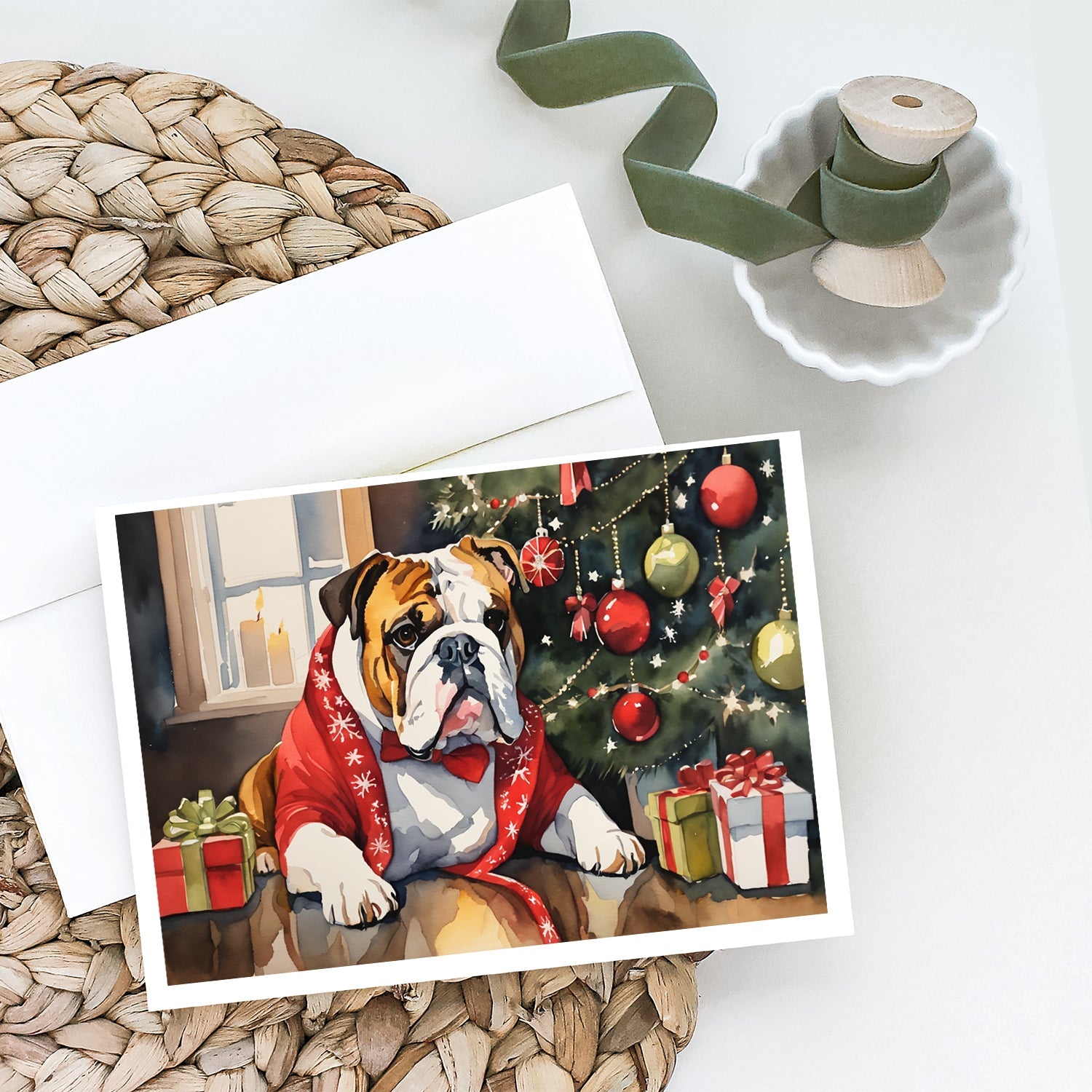 English Bulldog Cozy Christmas Greeting Cards Pack of 8 Blank Cards with Envelopes Whimsical A7 Size 5x7
