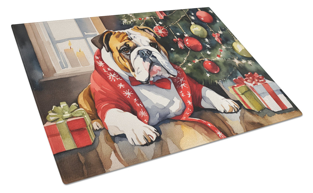 English Bulldog Cozy Christmas Cutting Board Tempered Glass Kitchen Cutting Surface, Heat Resistant Chopping, Non-Slip Feet, Food Prep & Serving