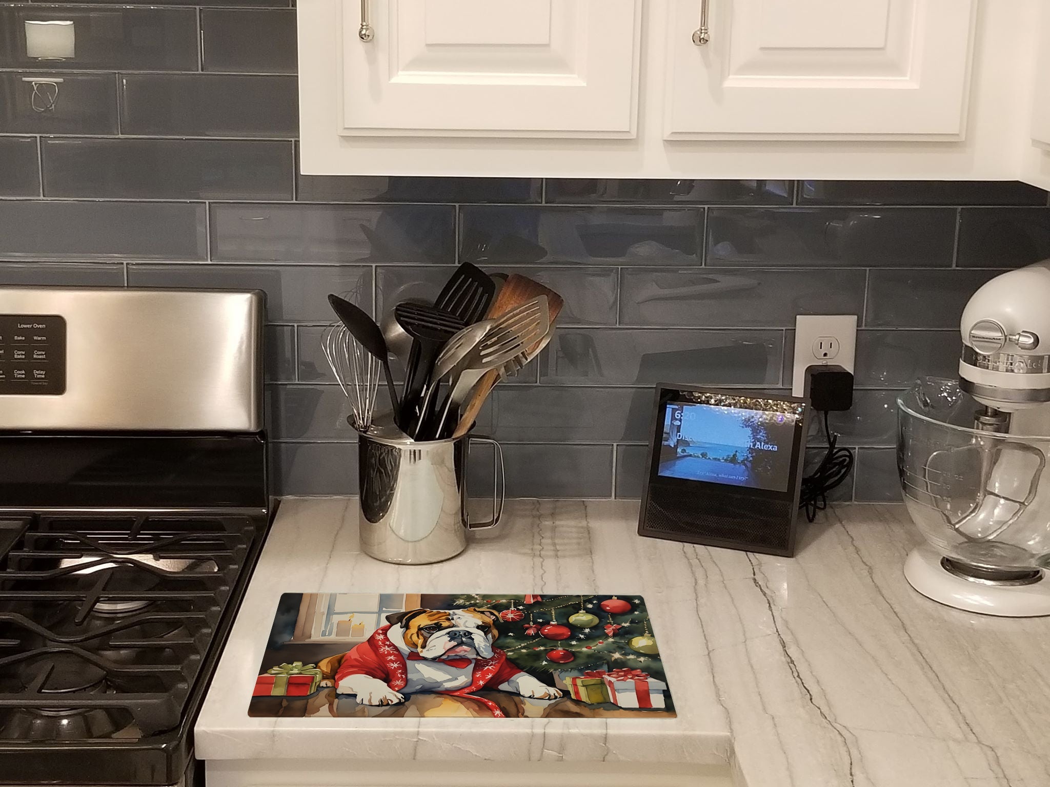 English Bulldog Cozy Christmas Cutting Board Tempered Glass Kitchen Cutting Surface, Heat Resistant Chopping, Non-Slip Feet, Food Prep & Serving