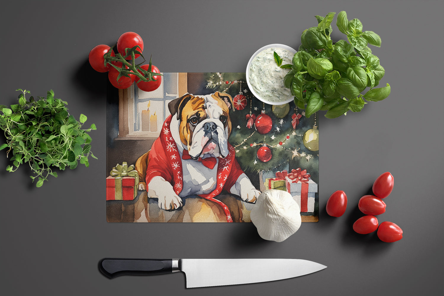 English Bulldog Cozy Christmas Cutting Board Tempered Glass Kitchen Cutting Surface, Heat Resistant Chopping, Non-Slip Feet, Food Prep & Serving
