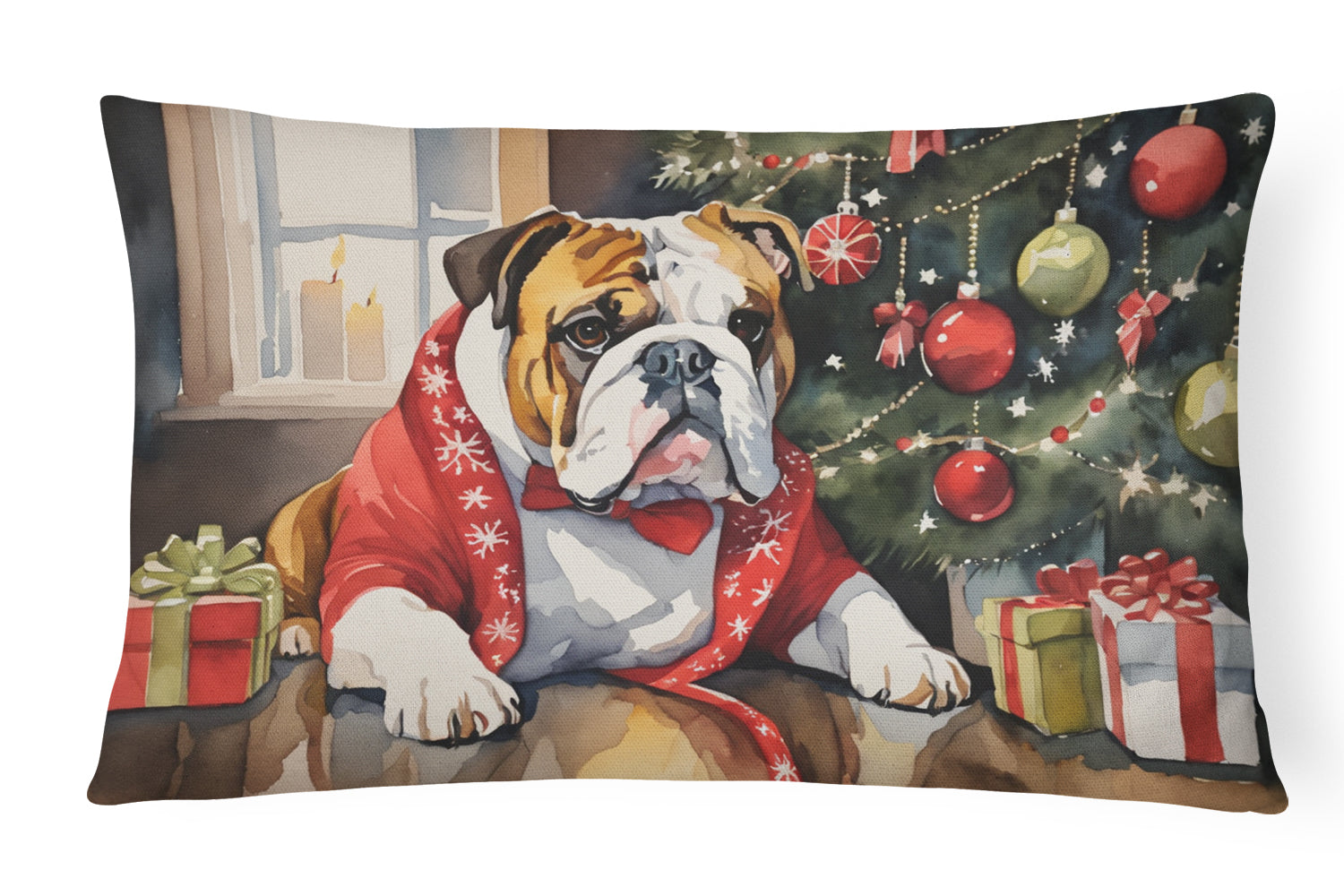 English Bulldog Cozy Christmas Decorative Throw Pillow 12x16 Indoor Outdoor Accent Cushion, Fabric Cover with Insert for Sofa, Bed, Porch & Living Room