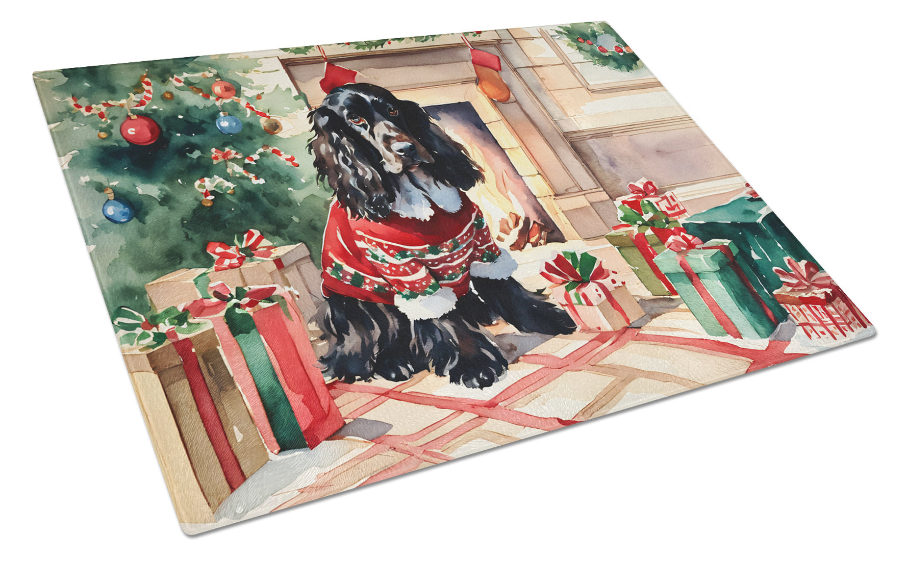 English Cocker Spaniel Cozy Christmas Cutting Board Tempered Glass Kitchen Cutting Surface, Heat Resistant Chopping, Non-Slip Feet, Food Prep & Serving