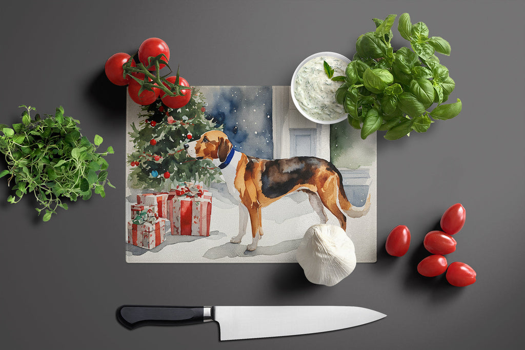 English Foxhound Cozy Christmas Cutting Board Tempered Glass Kitchen Cutting Surface, Heat Resistant Chopping, Non-Slip Feet, Food Prep & Serving