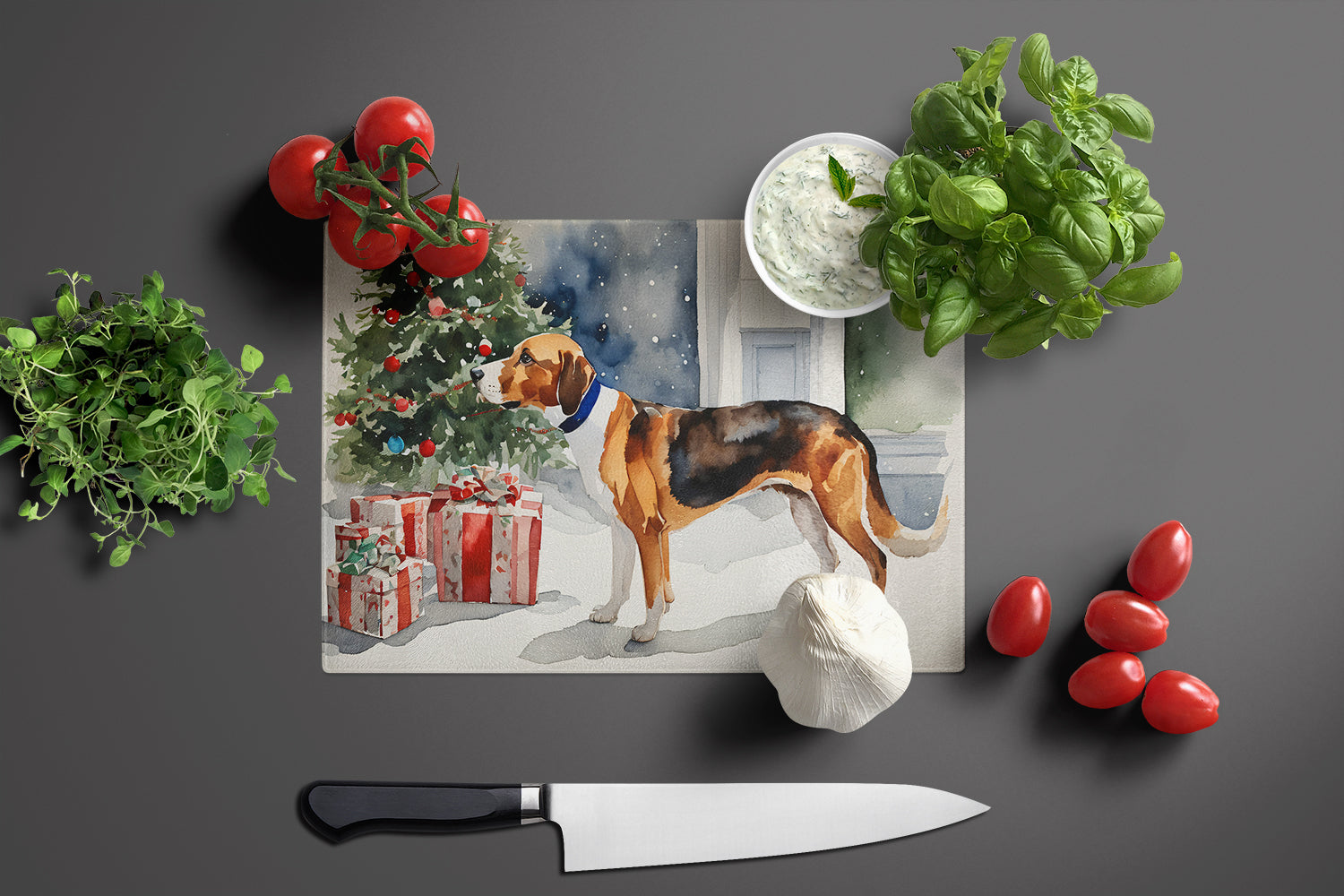 English Foxhound Cozy Christmas Cutting Board Tempered Glass Kitchen Cutting Surface, Heat Resistant Chopping, Non-Slip Feet, Food Prep & Serving