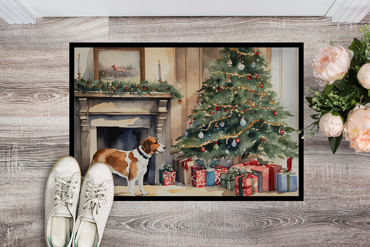 English Foxhound Cozy Christmas Doormat Indoor Outdoor 18H X 27W Front Door Mat Rugs for Entryway, Non Slip Washable