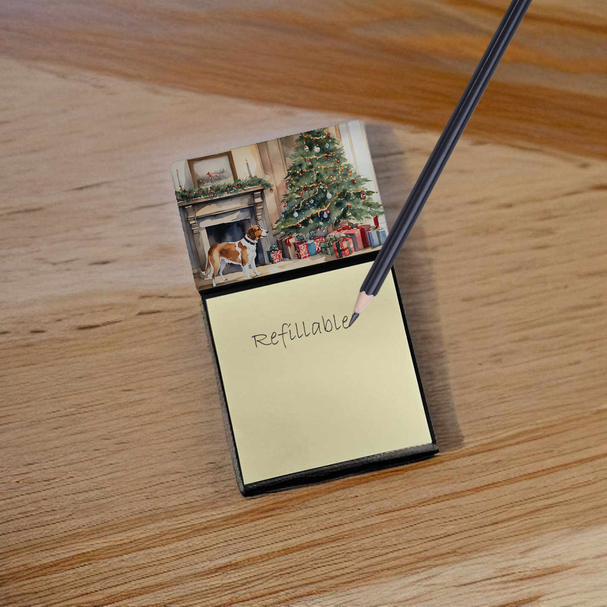 English Foxhound Cozy Christmas Watercolor Sticky Note Holder Refillable Dispenser Desk Accessory 3x3 Pad Gift