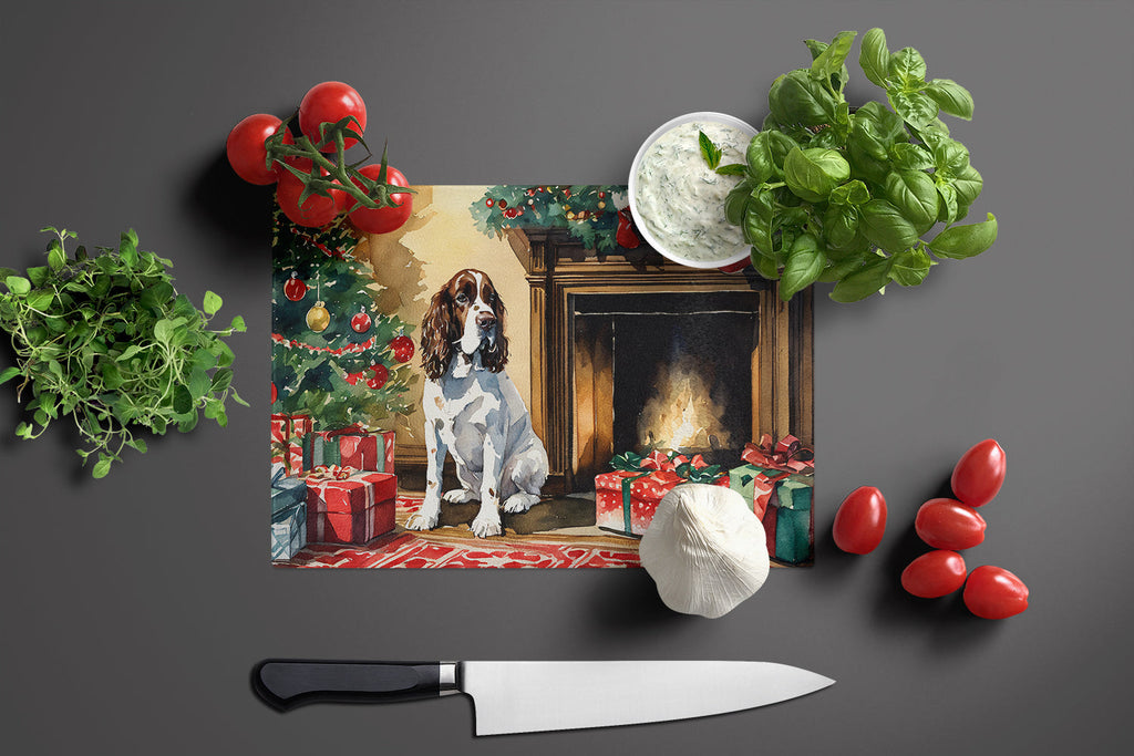 English Springer Spaniel Cozy Christmas Cutting Board Tempered Glass Kitchen Cutting Surface, Heat Resistant Chopping, Non-Slip Feet, Food Prep & Serving