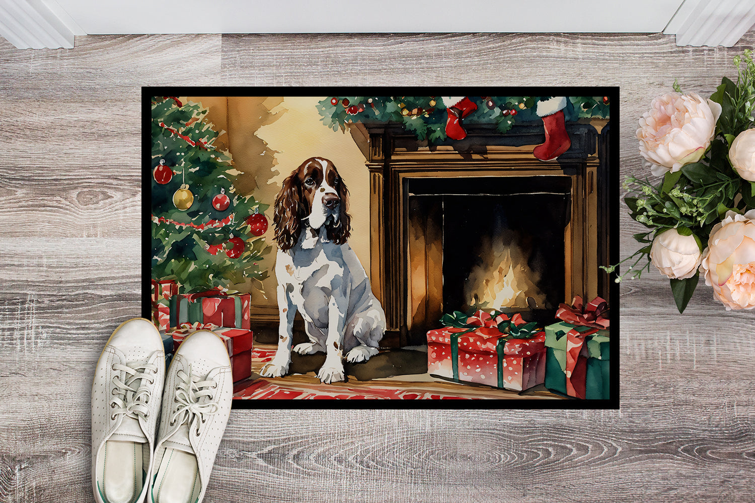 English Springer Spaniel Cozy Christmas Doormat Indoor Outdoor 18H X 27W Front Door Mat Rugs for Entryway, Non Slip Washable