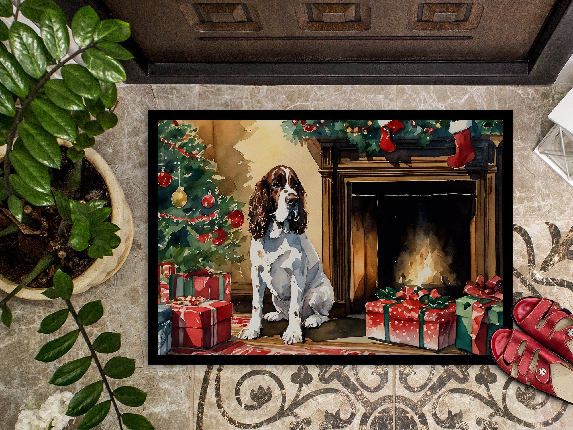 English Springer Spaniel Cozy Christmas Doormat Indoor Outdoor 18H X 27W Front Door Mat Rugs for Entryway, Non Slip Washable