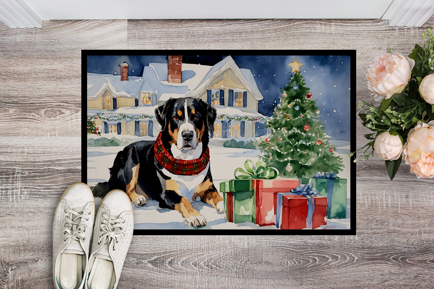 Entlebucher Mountain Dog Cozy Christmas Doormat Indoor Outdoor 24H X 36W Front Door Mat Rugs for Entryway, Non Slip Washable Low Pile,