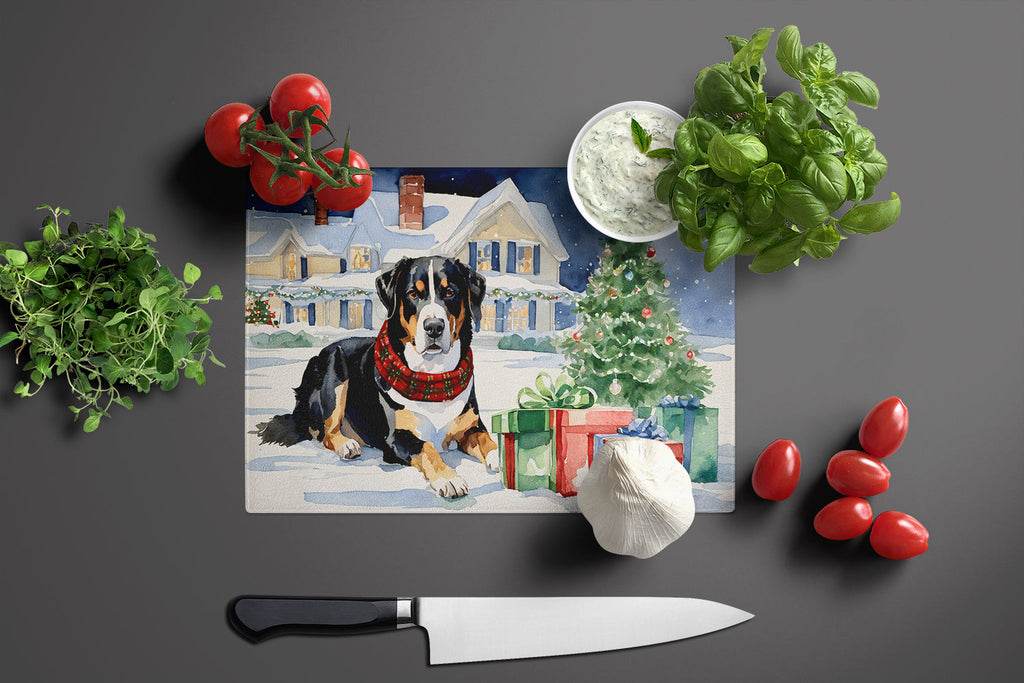 Entlebucher Mountain Dog Cozy Christmas Cutting Board Tempered Glass Kitchen Cutting Surface, Heat Resistant Chopping, Non-Slip Feet, Food Prep & Serving