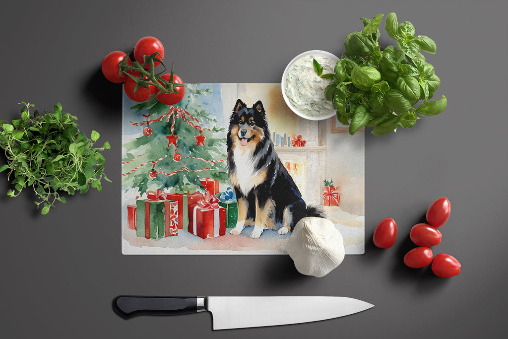 Finnish Lapphund Cozy Christmas Cutting Board Tempered Glass Kitchen Cutting Surface, Heat Resistant Chopping, Non-Slip Feet, Food Prep & Serving