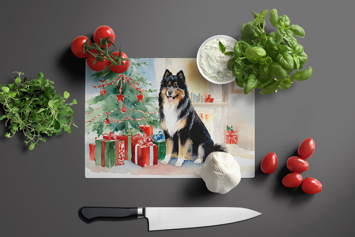 Finnish Lapphund Cozy Christmas Cutting Board Tempered Glass Kitchen Cutting Surface, Heat Resistant Chopping, Non-Slip Feet, Food Prep & Serving