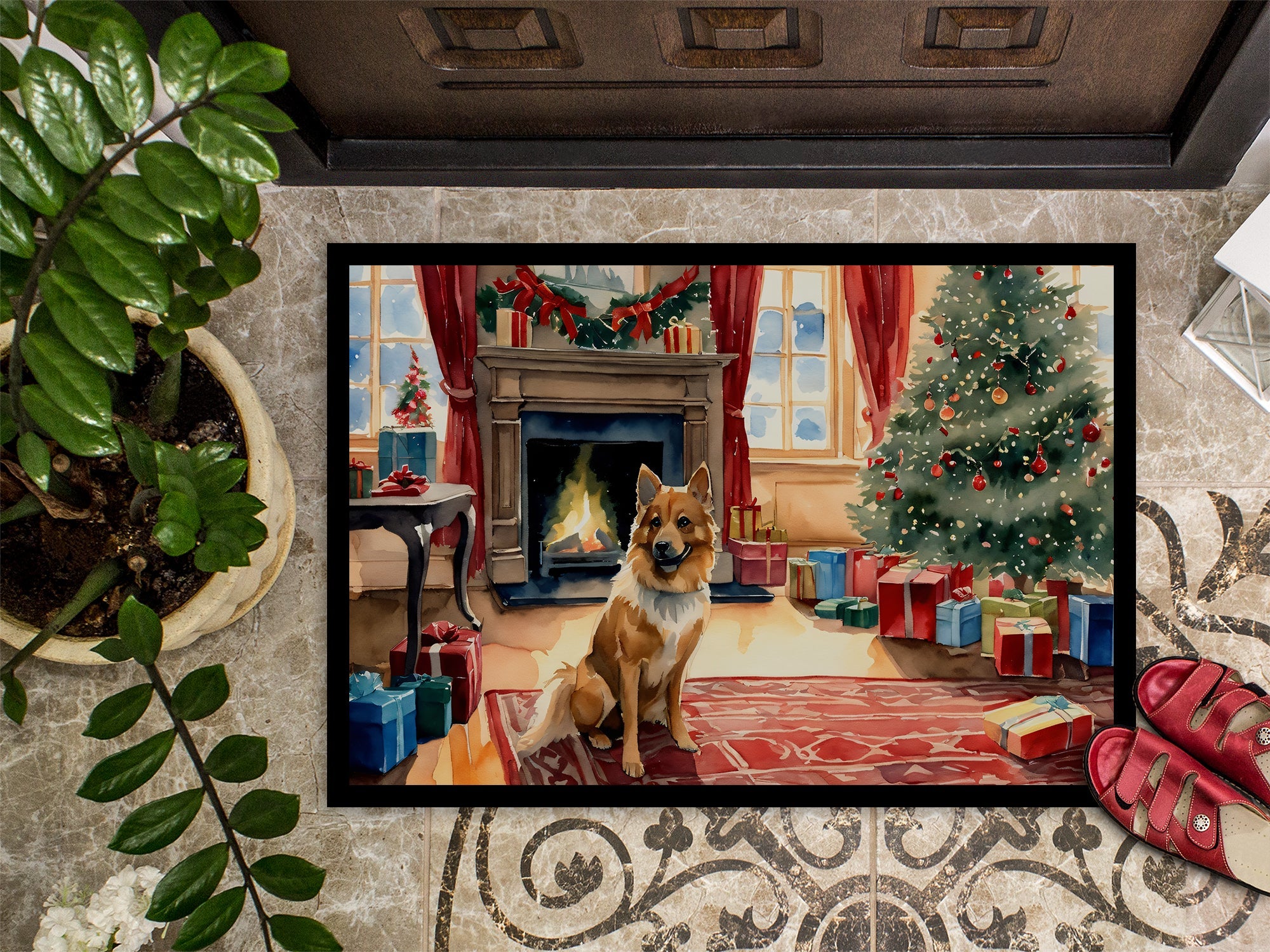 Finnish Spitz Cozy Christmas Doormat Indoor Outdoor 24H X 36W Front Door Mat Rugs for Entryway, Non Slip Washable Low Pile,