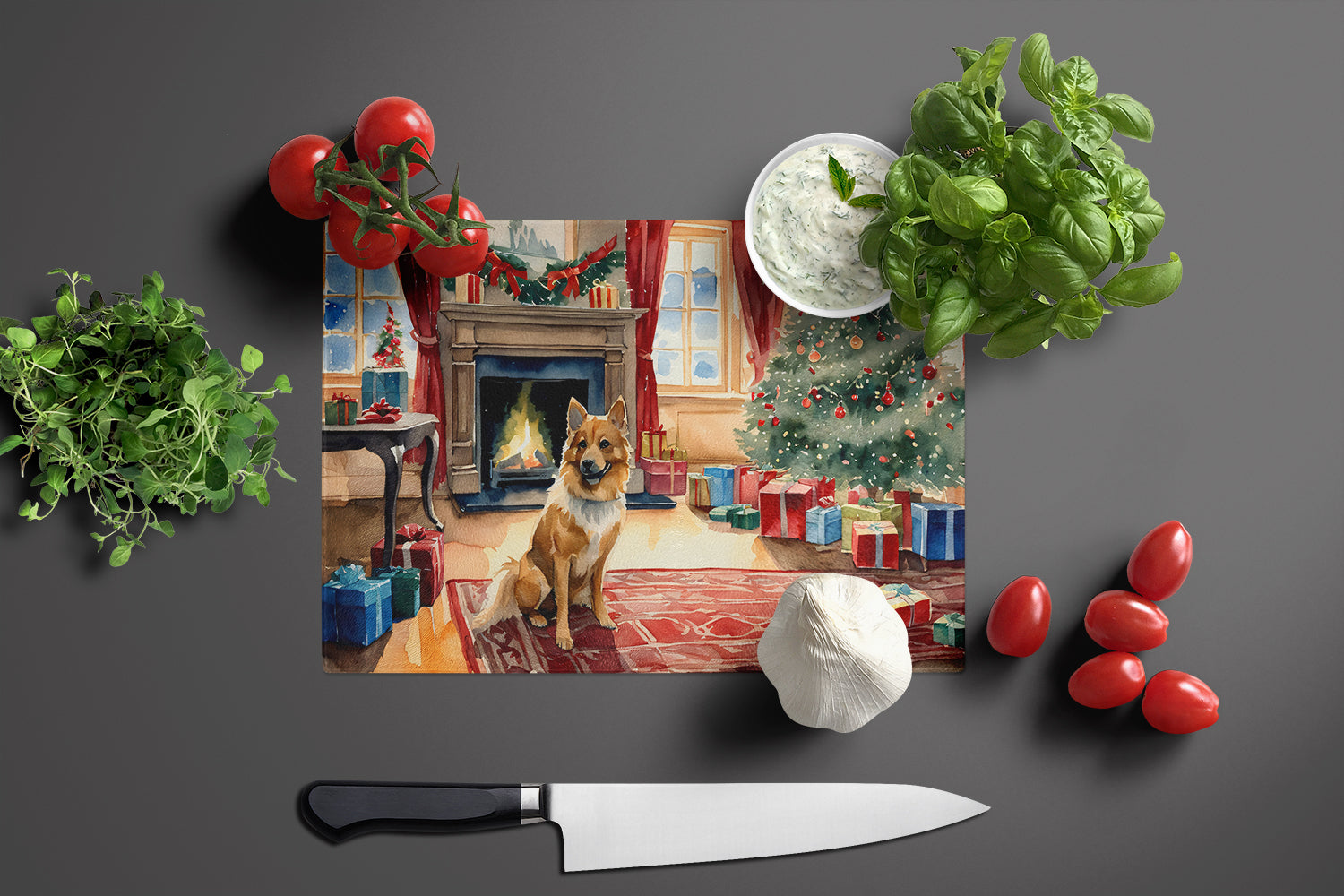 Finnish Spitz Cozy Christmas Cutting Board Tempered Glass Kitchen Cutting Surface, Heat Resistant Chopping, Non-Slip Feet, Food Prep & Serving