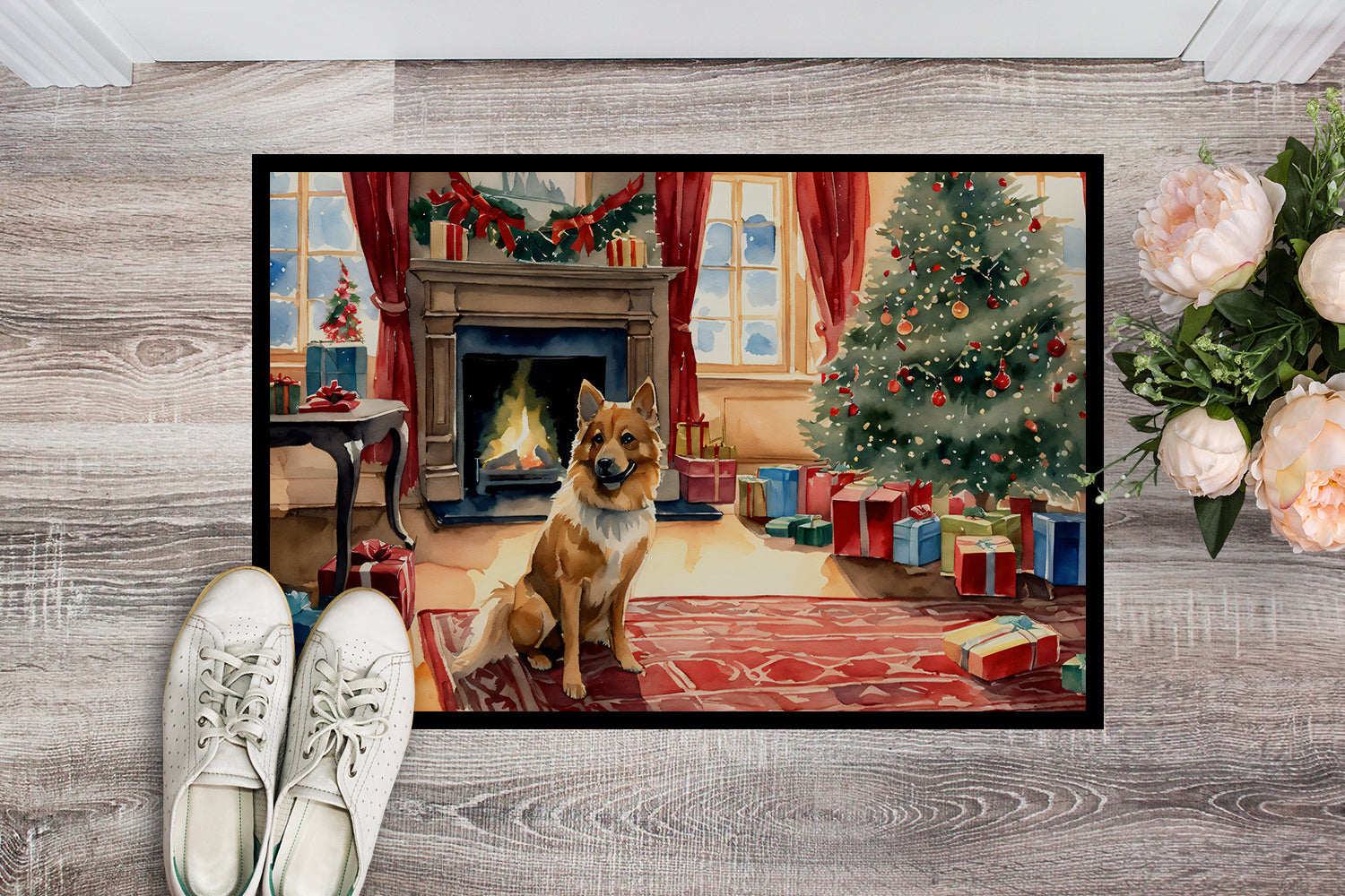 Finnish Spitz Cozy Christmas Doormat Indoor Outdoor 18H X 27W Front Door Mat Rugs for Entryway, Non Slip Washable