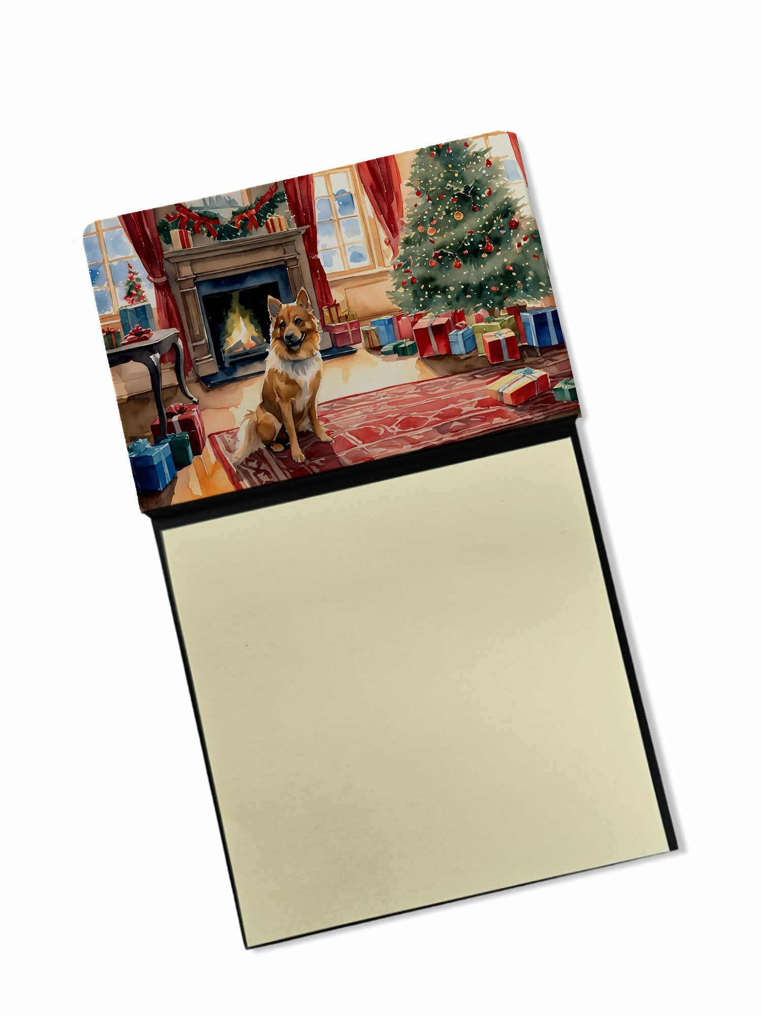 Finnish Spitz Cozy Christmas Watercolor Sticky Note Holder Refillable Dispenser Desk Accessory 3x3 Pad Gift