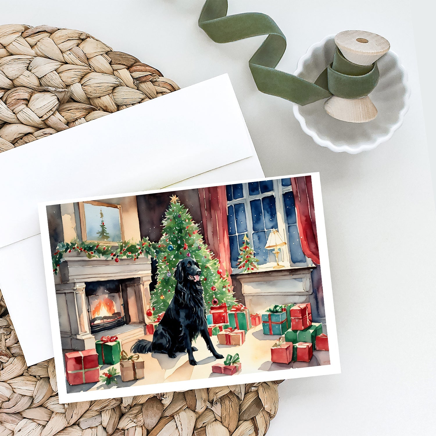 Flat-Coated Retriever Cozy Christmas Greeting Cards Pack of 8 Blank Cards with Envelopes Whimsical A7 Size 5x7