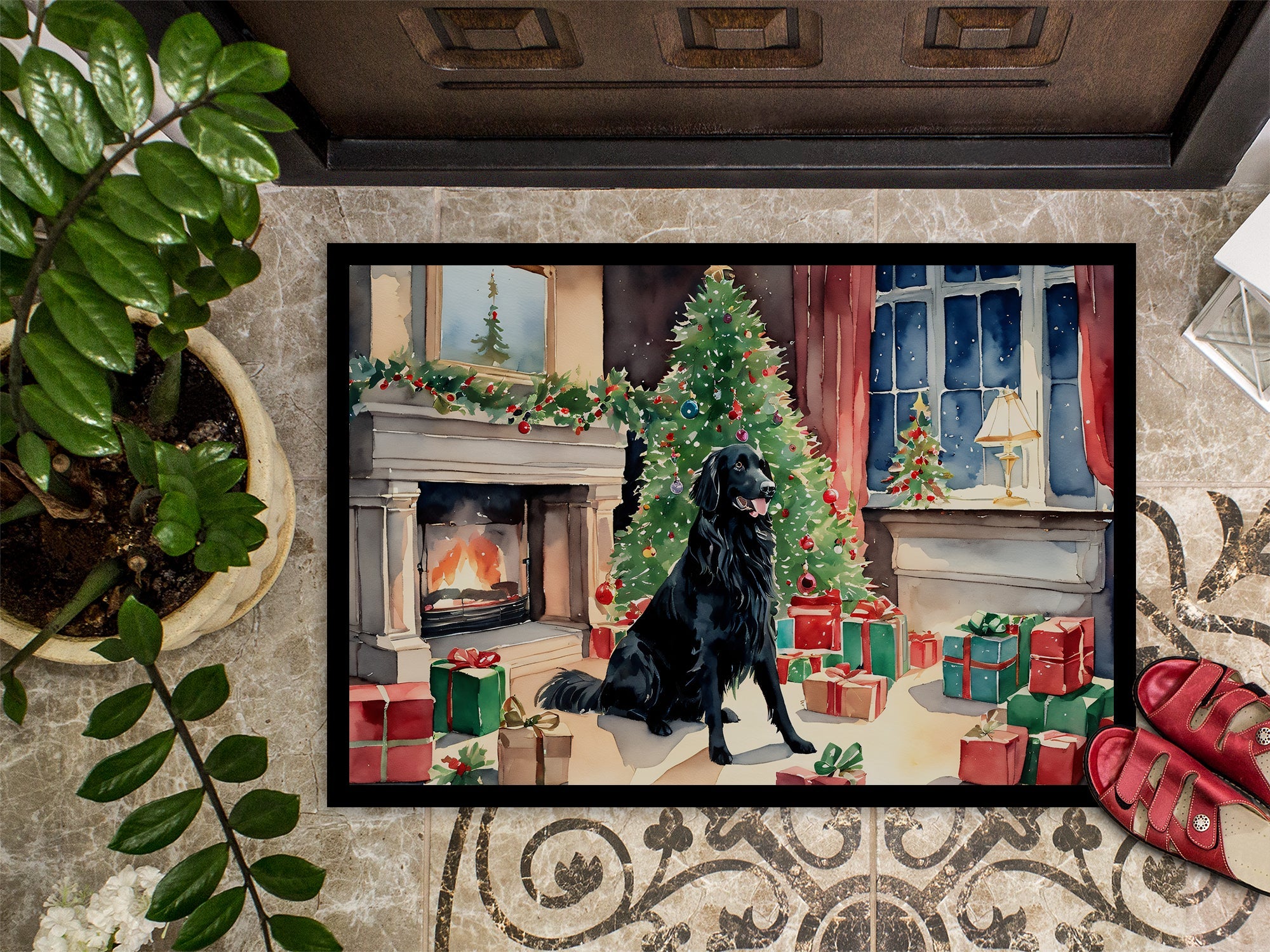 Flat-Coated Retriever Cozy Christmas Doormat Indoor Outdoor 24H X 36W Front Door Mat Rugs for Entryway, Non Slip Washable Low Pile,