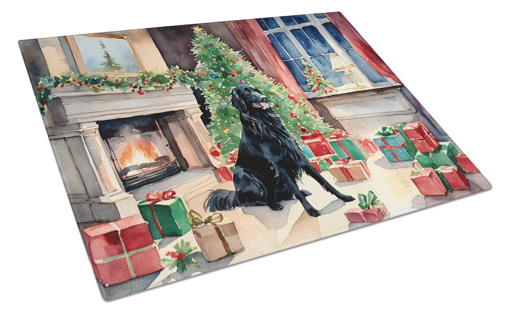 Flat-Coated Retriever Cozy Christmas Cutting Board Tempered Glass Kitchen Cutting Surface, Heat Resistant Chopping, Non-Slip Feet, Food Prep & Serving