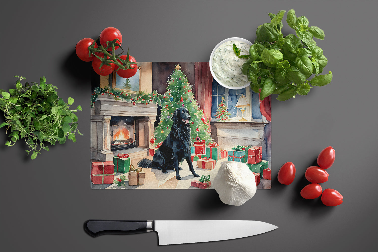 Flat-Coated Retriever Cozy Christmas Cutting Board Tempered Glass Kitchen Cutting Surface, Heat Resistant Chopping, Non-Slip Feet, Food Prep & Serving