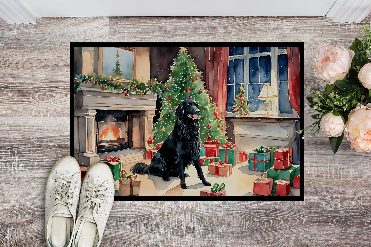Flat-Coated Retriever Cozy Christmas Doormat Indoor Outdoor 18H X 27W Front Door Mat Rugs for Entryway, Non Slip Washable
