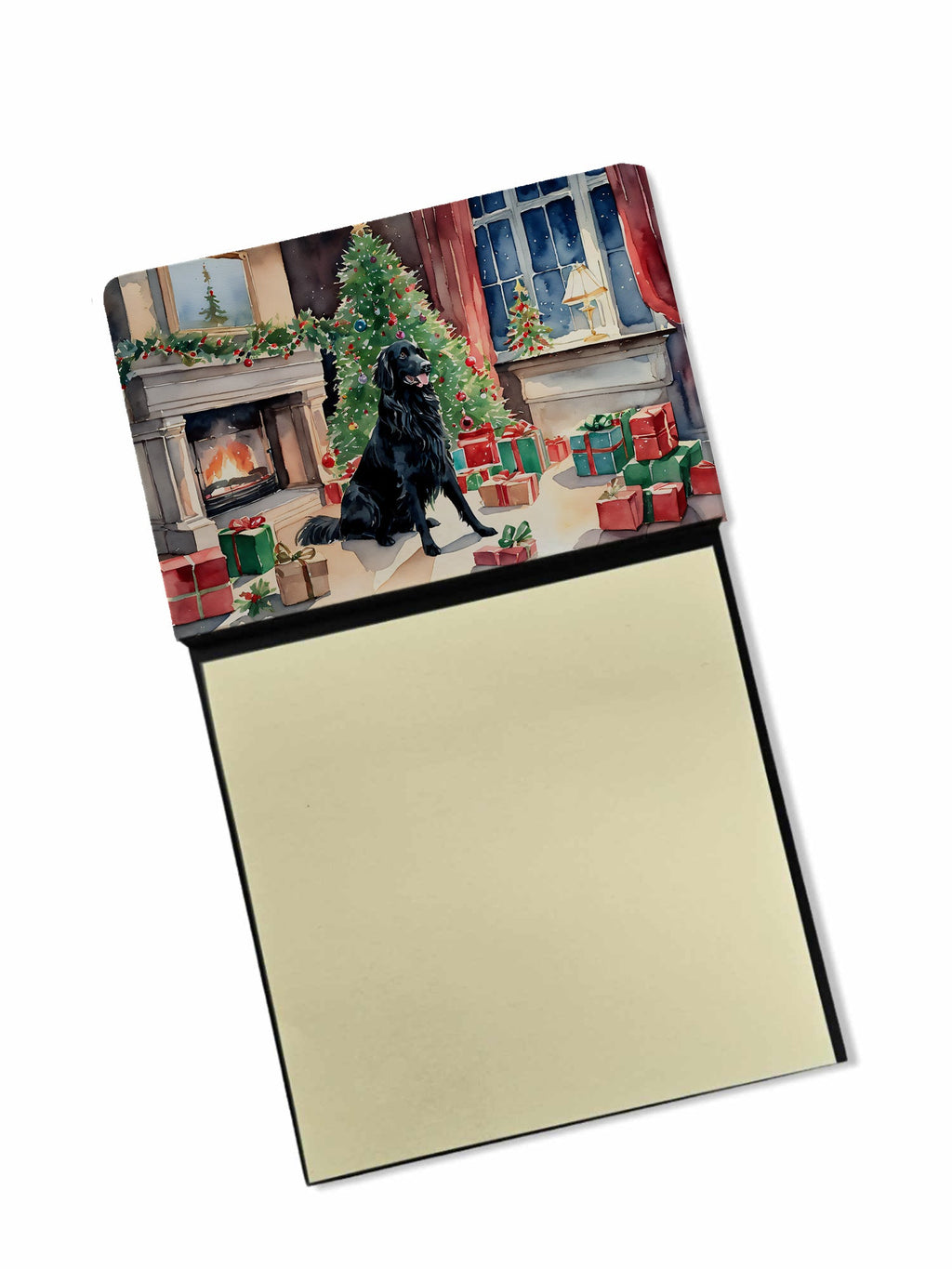 Flat-Coated Retriever Cozy Christmas Watercolor Sticky Note Holder Refillable Dispenser Desk Accessory 3x3 Pad Gift