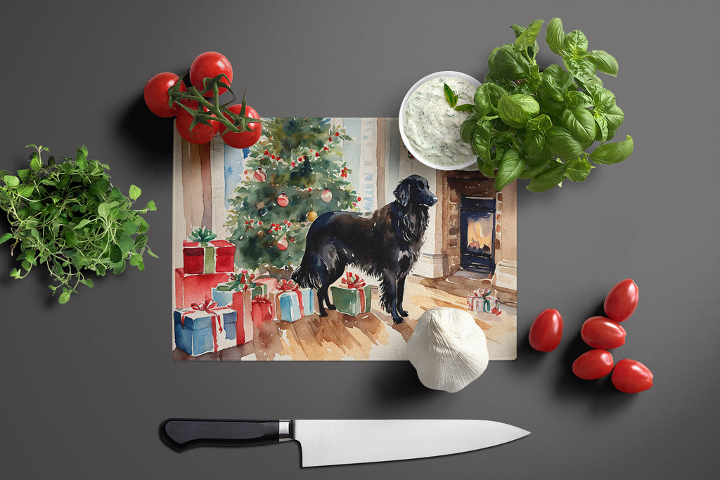 Flat-Coated Retriever Cozy Christmas Cutting Board Tempered Glass Kitchen Cutting Surface, Heat Resistant Chopping, Non-Slip Feet, Food Prep & Serving
