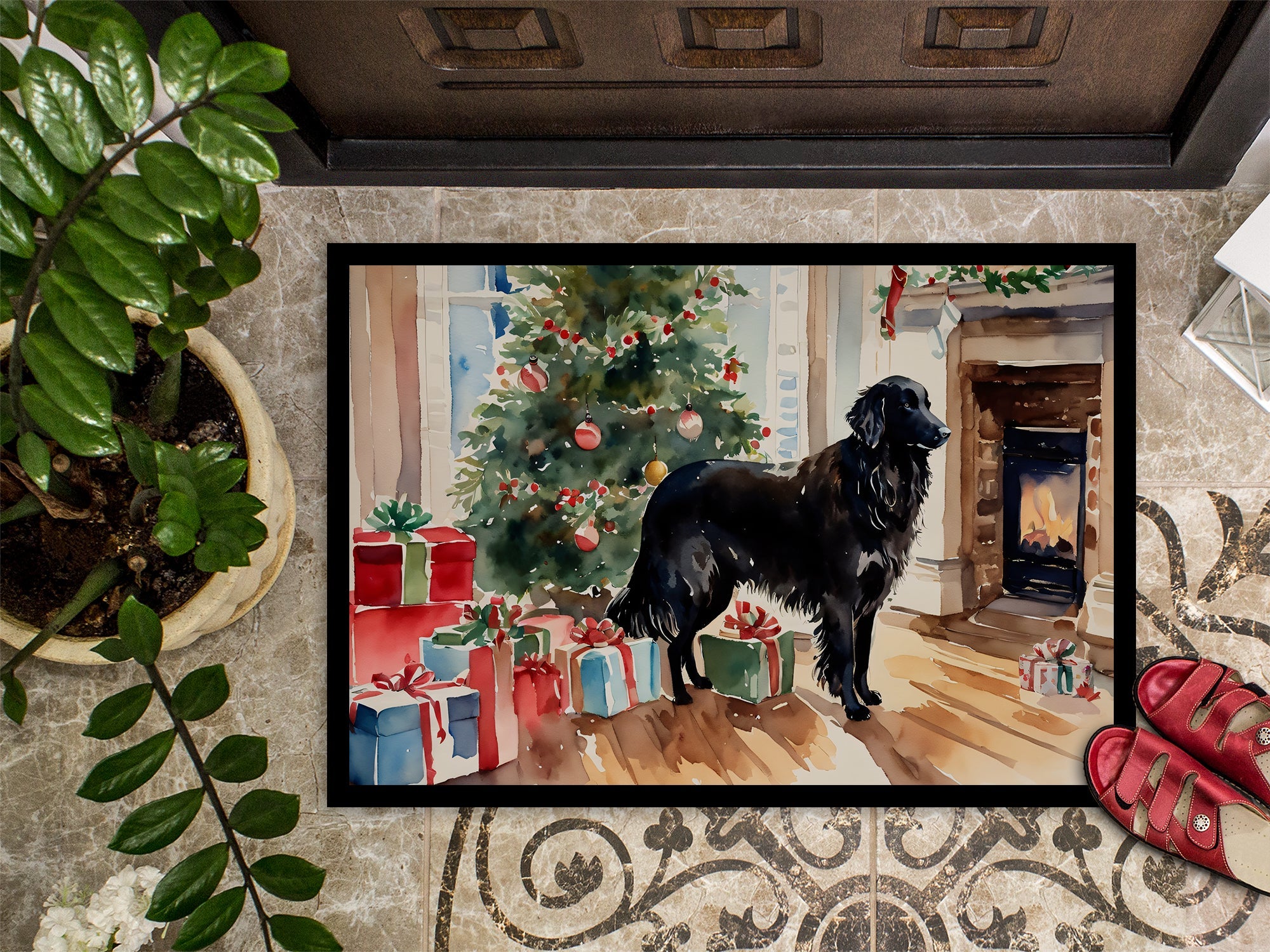 Flat-Coated Retriever Cozy Christmas Doormat Indoor Outdoor 18H X 27W Front Door Mat Rugs for Entryway, Non Slip Washable