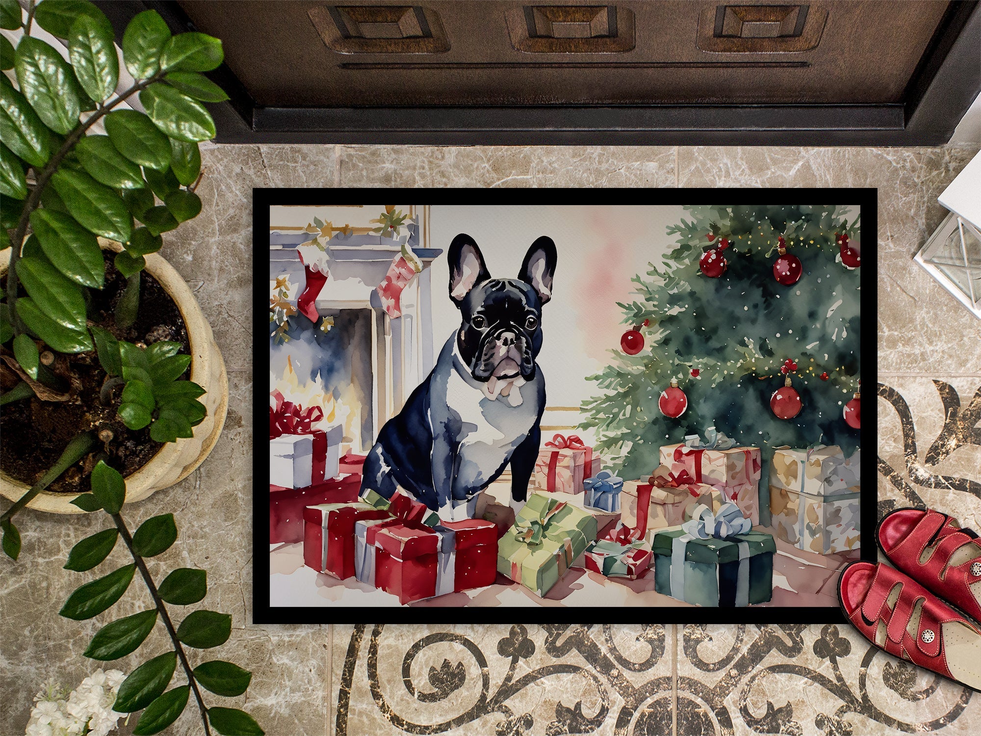 French Bulldog Cozy Christmas Doormat Indoor Outdoor 24H X 36W Front Door Mat Rugs for Entryway, Non Slip Washable Low Pile,