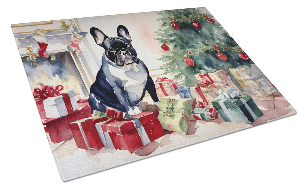 French Bulldog Cozy Christmas Cutting Board Tempered Glass Kitchen Cutting Surface, Heat Resistant Chopping, Non-Slip Feet, Food Prep & Serving