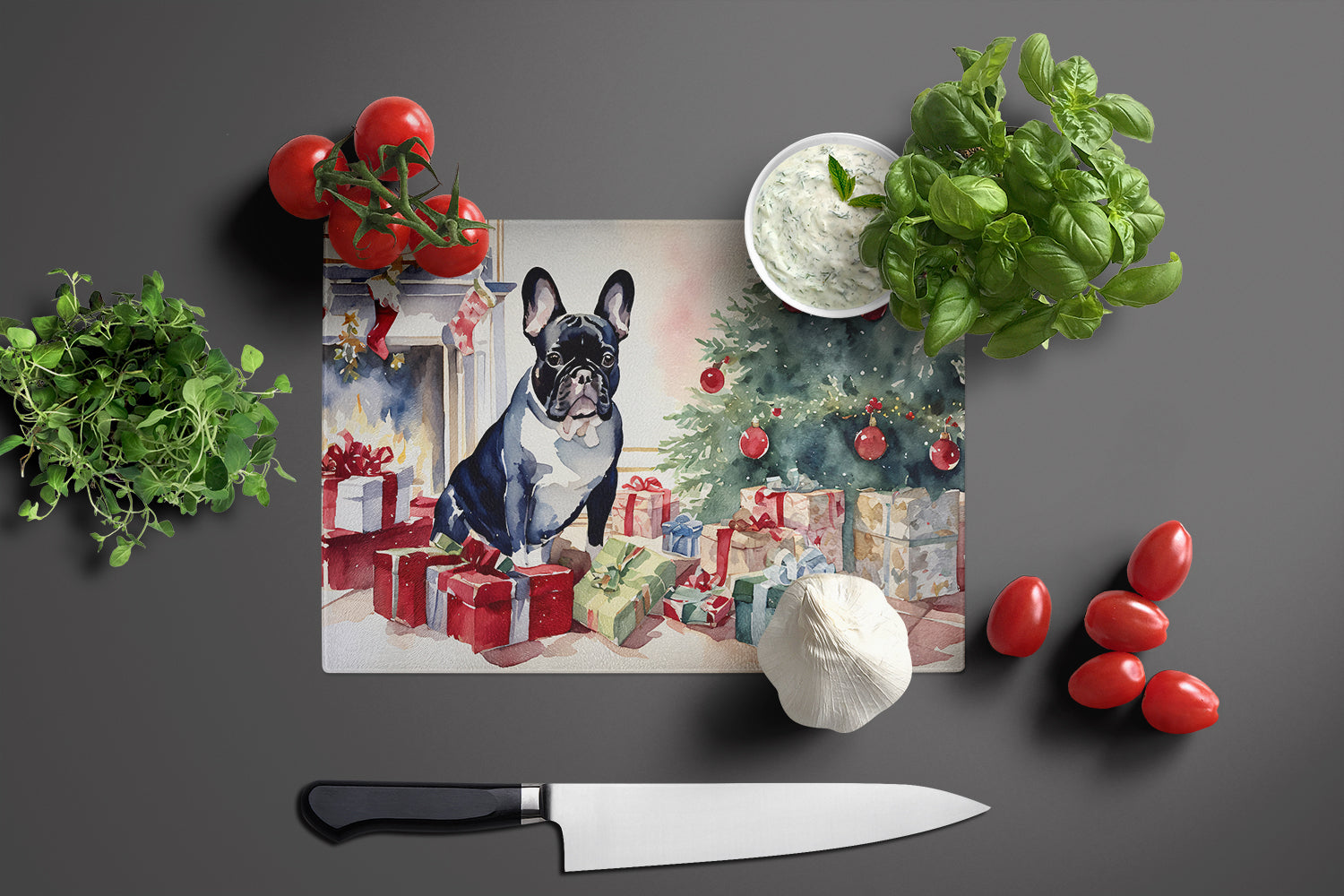 French Bulldog Cozy Christmas Cutting Board Tempered Glass Kitchen Cutting Surface, Heat Resistant Chopping, Non-Slip Feet, Food Prep & Serving