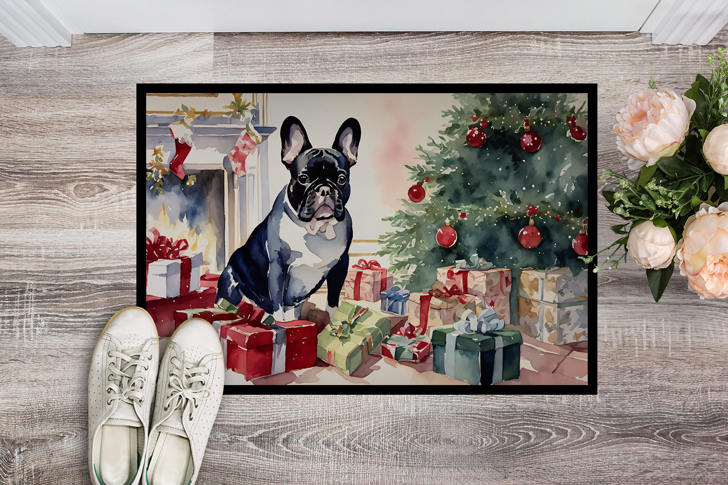 French Bulldog Cozy Christmas Doormat Indoor Outdoor 18H X 27W Front Door Mat Rugs for Entryway, Non Slip Washable