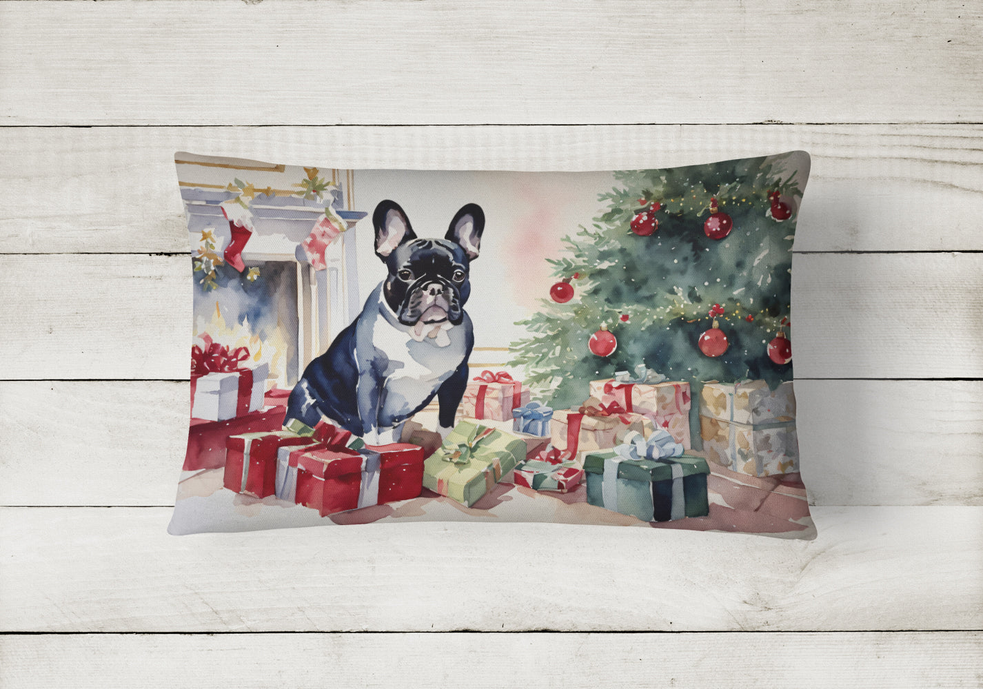 French Bulldog Cozy Christmas Decorative Throw Pillow 12x16 Indoor Outdoor Accent Cushion, Fabric Cover with Insert for Sofa, Bed, Porch & Living Room