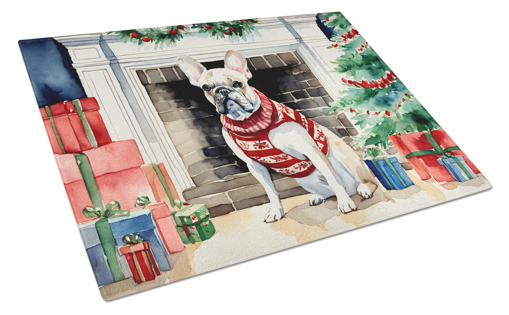 French Bulldog Cozy Christmas Cutting Board Tempered Glass Kitchen Cutting Surface, Heat Resistant Chopping, Non-Slip Feet, Food Prep & Serving
