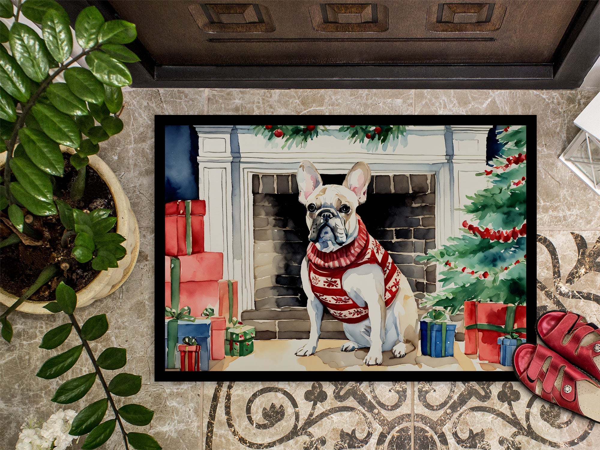 French Bulldog Cozy Christmas Doormat Indoor Outdoor 18H X 27W Front Door Mat Rugs for Entryway, Non Slip Washable