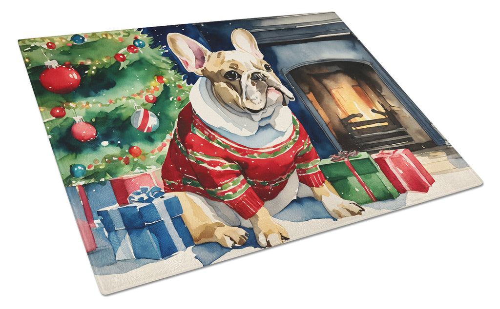 French Bulldog Cozy Christmas Cutting Board Tempered Glass Kitchen Cutting Surface, Heat Resistant Chopping, Non-Slip Feet, Food Prep & Serving