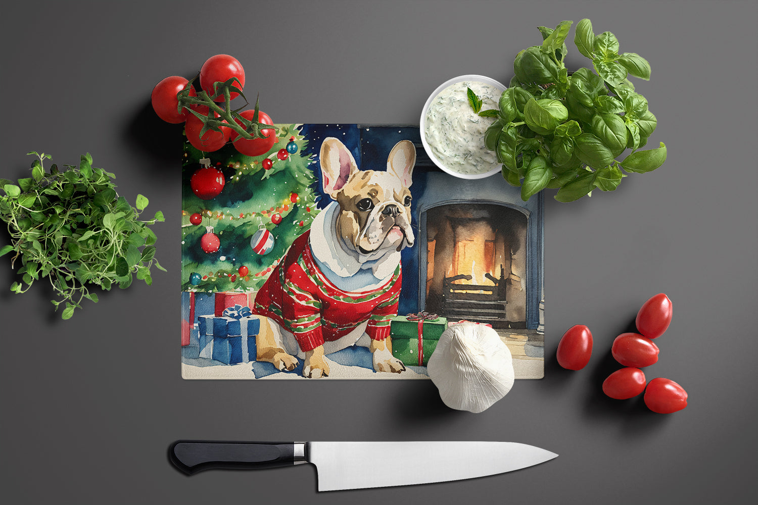 French Bulldog Cozy Christmas Cutting Board Tempered Glass Kitchen Cutting Surface, Heat Resistant Chopping, Non-Slip Feet, Food Prep & Serving