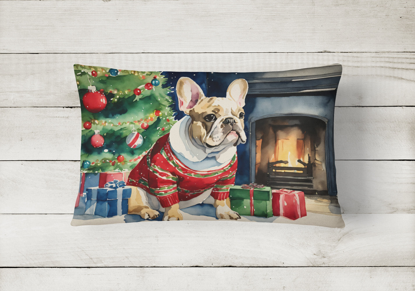French Bulldog Cozy Christmas Decorative Throw Pillow 12x16 Indoor Outdoor Accent Cushion, Fabric Cover with Insert for Sofa, Bed, Porch & Living Room