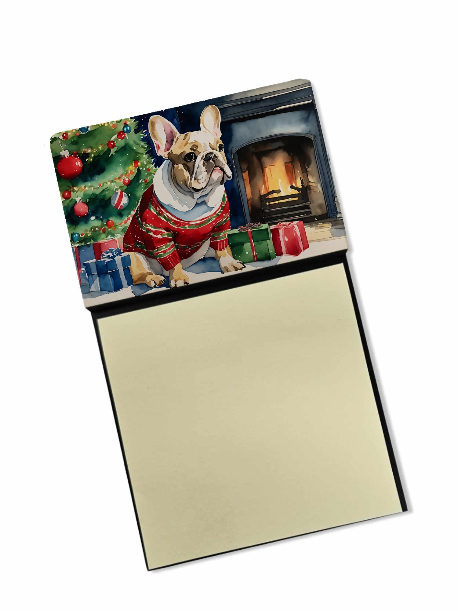 French Bulldog Cozy Christmas Watercolor Sticky Note Holder Refillable Dispenser Desk Accessory 3x3 Pad Gift