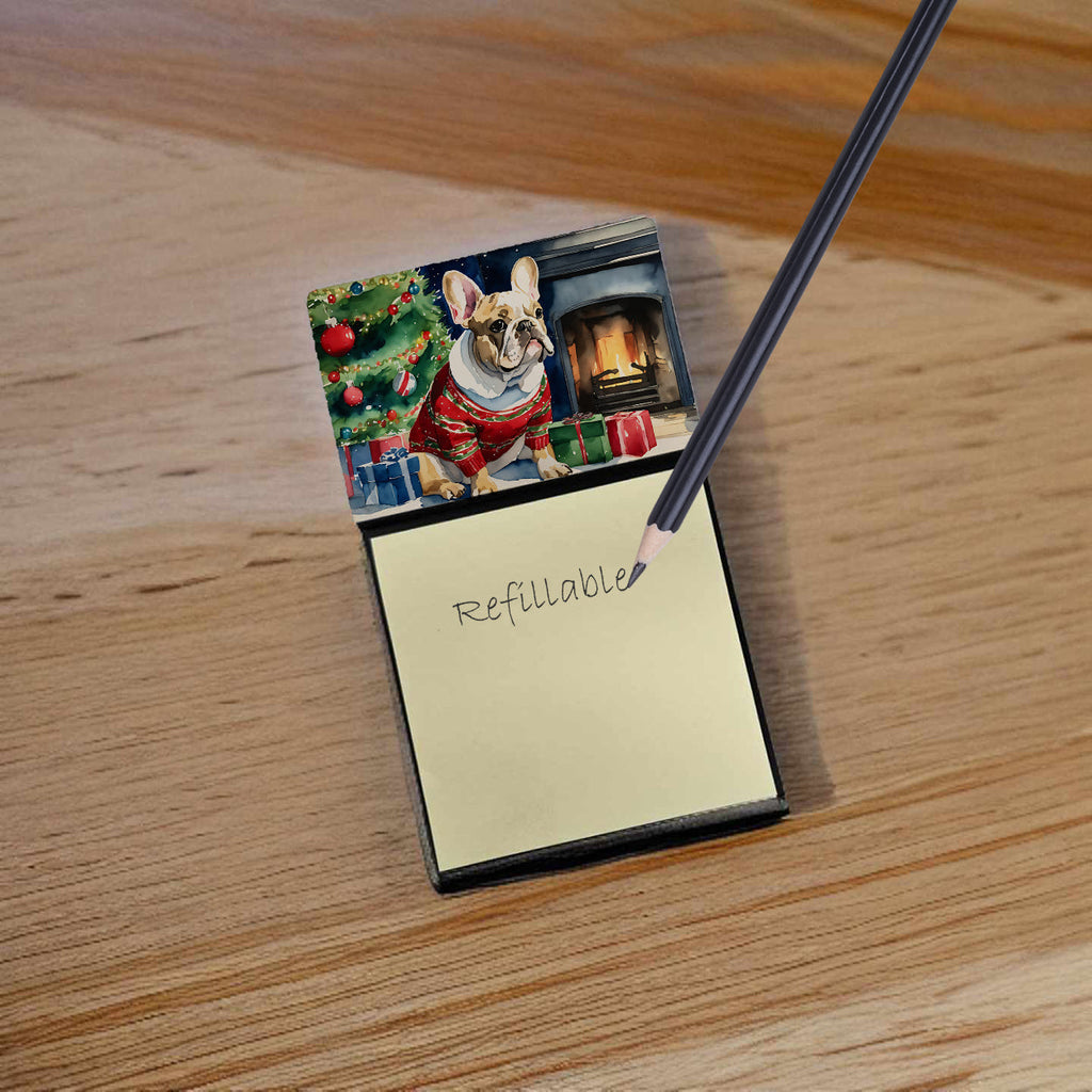 French Bulldog Cozy Christmas Watercolor Sticky Note Holder Refillable Dispenser Desk Accessory 3x3 Pad Gift