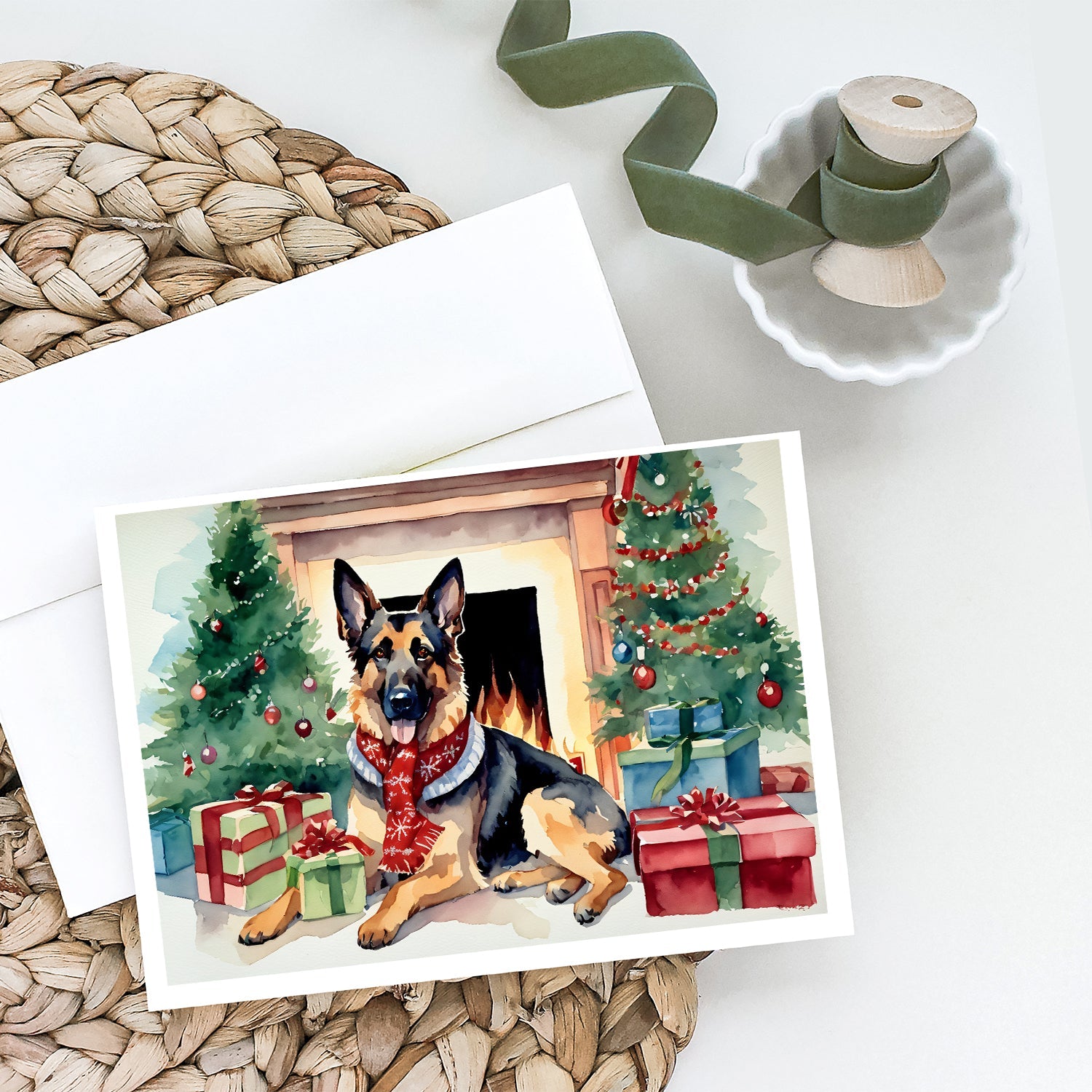 German Shepherd Cozy Christmas Greeting Cards Pack of 8 Blank Cards with Envelopes Whimsical A7 Size 5x7