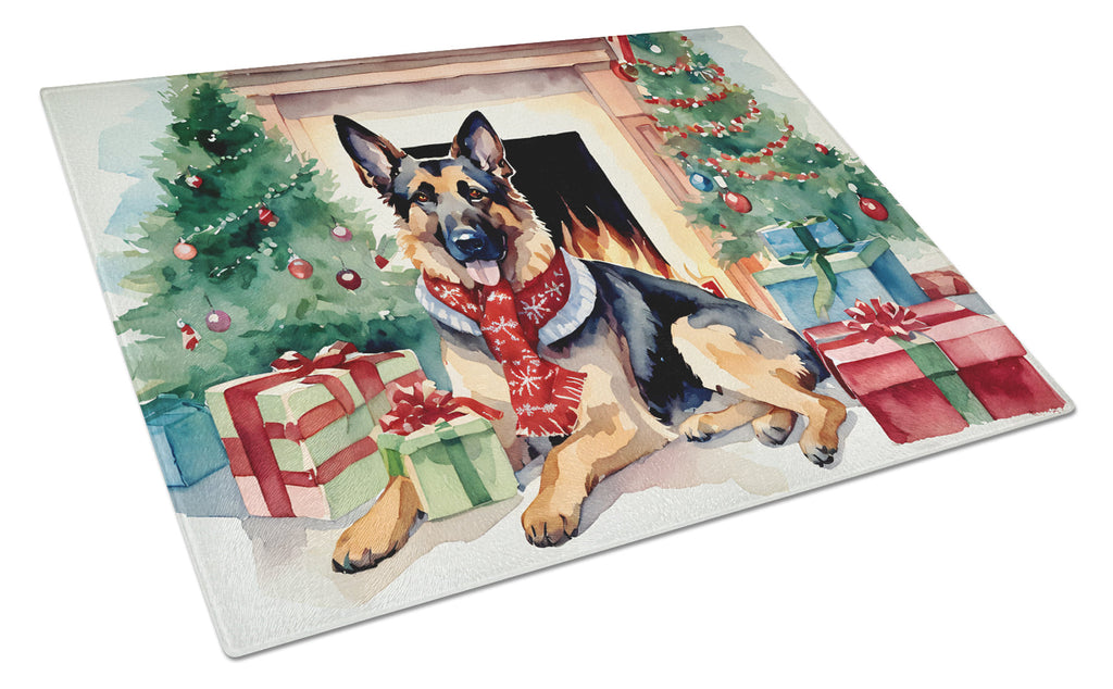 German Shepherd Cozy Christmas Cutting Board Tempered Glass Kitchen Cutting Surface, Heat Resistant Chopping, Non-Slip Feet, Food Prep & Serving