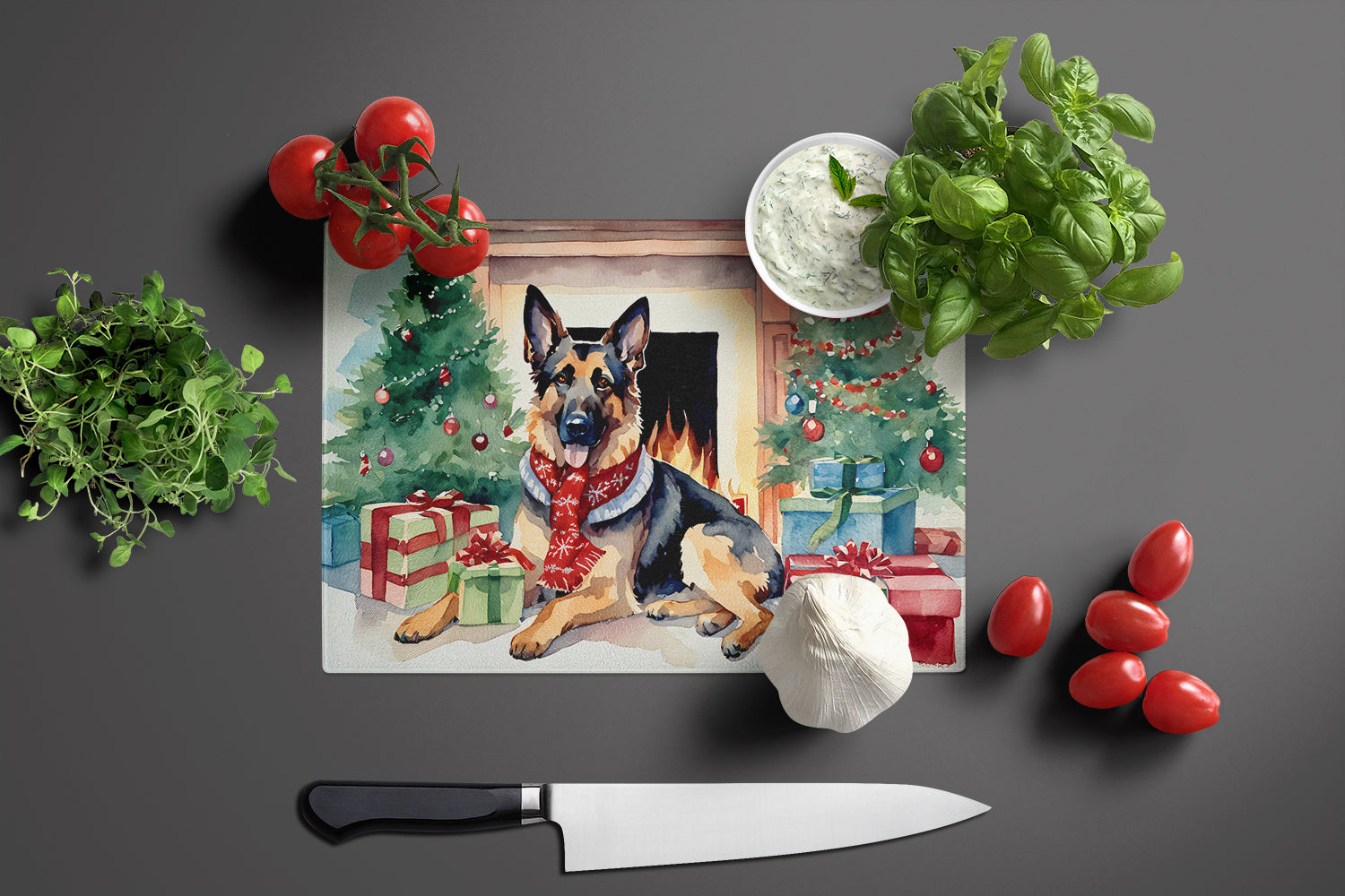 German Shepherd Cozy Christmas Cutting Board Tempered Glass Kitchen Cutting Surface, Heat Resistant Chopping, Non-Slip Feet, Food Prep & Serving