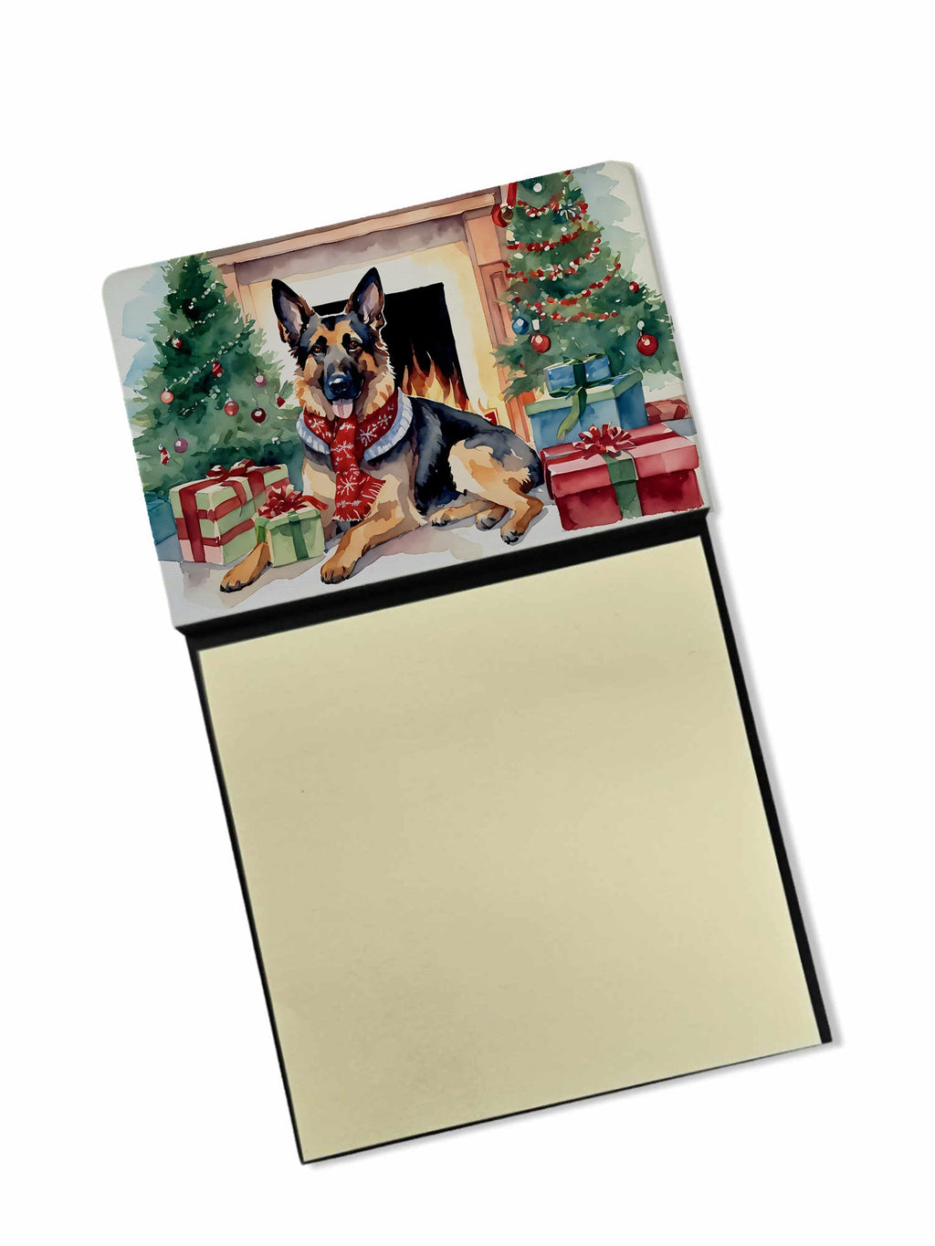 German Shepherd Cozy Christmas Watercolor Sticky Note Holder Refillable Dispenser Desk Accessory 3x3 Pad Gift