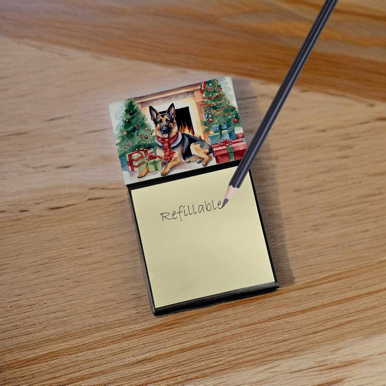 German Shepherd Cozy Christmas Watercolor Sticky Note Holder Refillable Dispenser Desk Accessory 3x3 Pad Gift