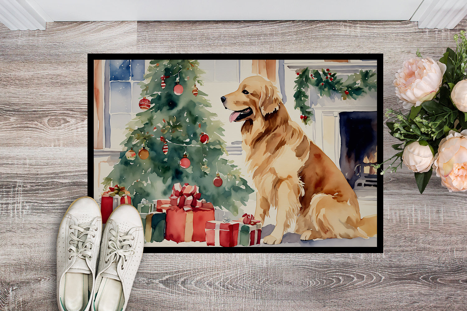 Golden Retriever Cozy Christmas Doormat Indoor Outdoor 24H X 36W Front Door Mat Rugs for Entryway, Non Slip Washable Low Pile,