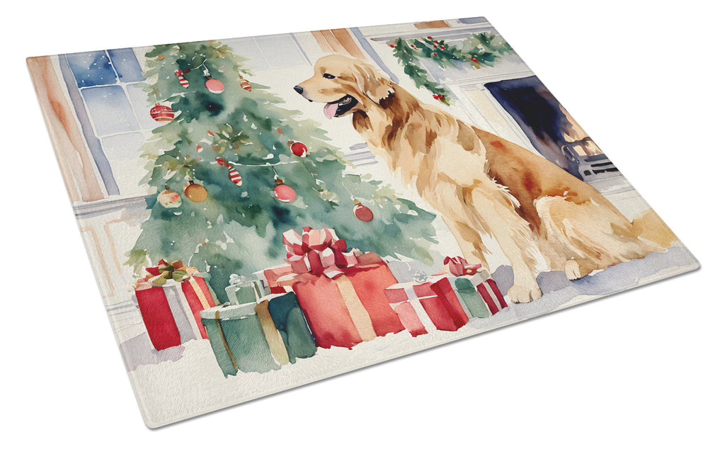 Golden Retriever Cozy Christmas Cutting Board Tempered Glass Kitchen Cutting Surface, Heat Resistant Chopping, Non-Slip Feet, Food Prep & Serving
